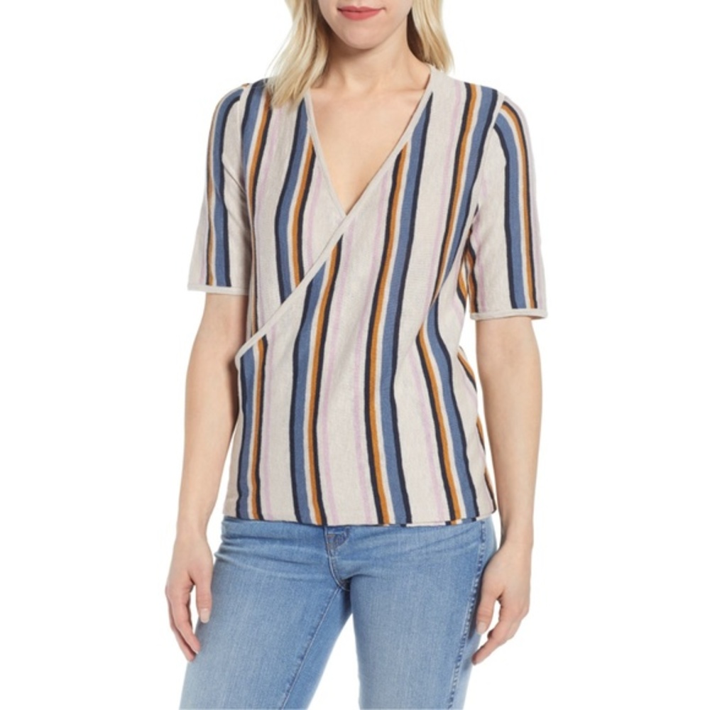 NWT Nordstrom Caslon Faux Wrap Striped Sweater Top